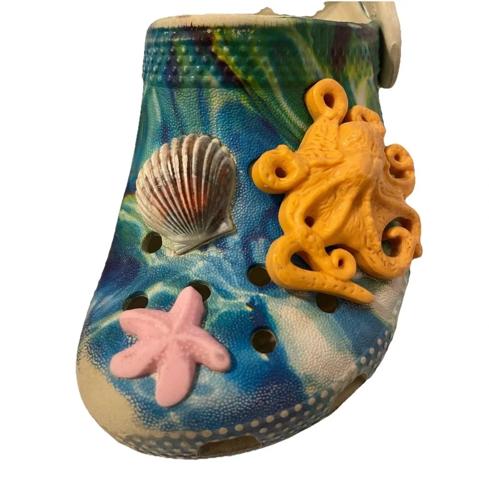 Crocs Kids Under The Sea Classic Clogs C8 Blue Ocean Marble Jibbitz Fish Shell